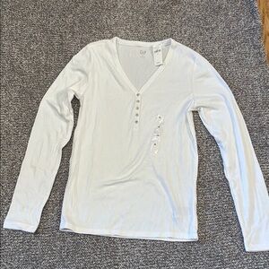 GAP White V-Neck Henley Long Sleeve Top